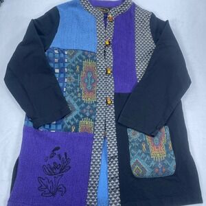 Alex Kim Artisan Patchwork Mixed Media Colorful Cardigan Jacket Boho Tapestry